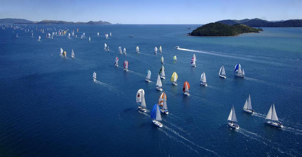 The signature shot:  The fleet at Audi Hamilton Island Race Week stretches out across the beautiful tropical waters of the Whitsunday Passage.  - Audi Hamilton Island Race Week © Jack Atley